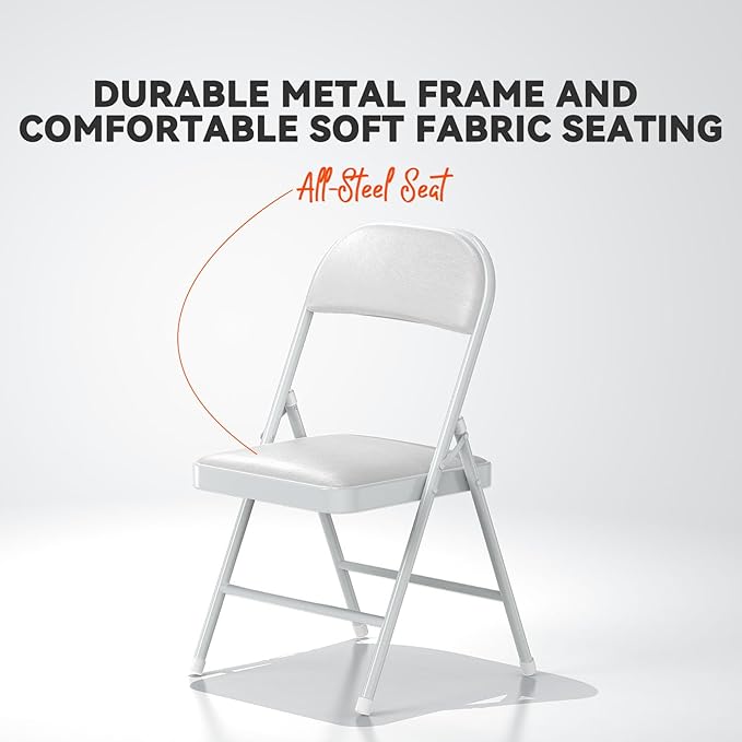 Nazhura 4 Pack Folding Chairs with Padded Cushion and Back, Khaki Metal Chairs with Comfortable Cushion and Durable Steel Frame for Home and Office, for Indoor and Outdoor Events (White, 4 Pack)