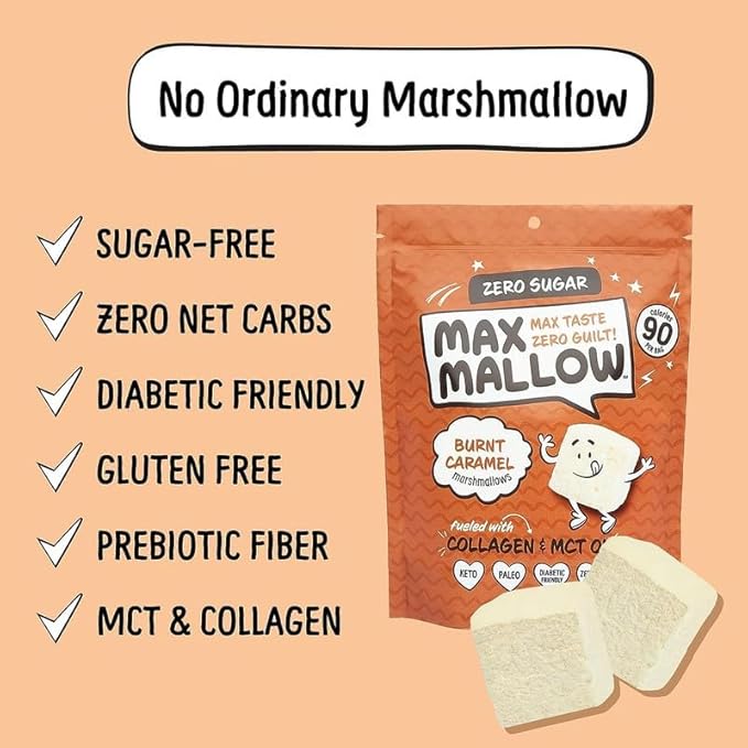 Max Mallow Sugar Free Marshmallows - Keto Friendly, Perfect for S'mores, Hot Chocolate, and Baking with Zero Sugar Snacks, Smores Mct Oil Zero Sugar Marshmellow Marshmallow Burnt Caramel, 6 Pack