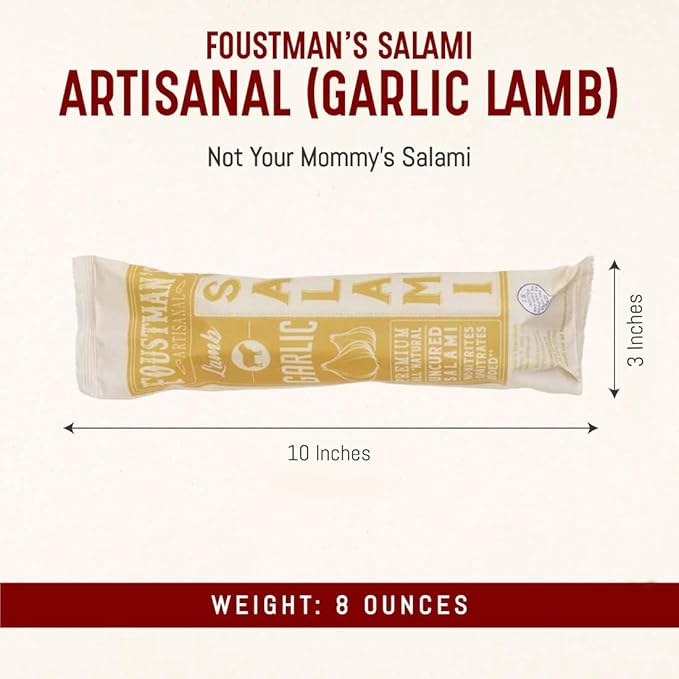 Foustman's Salami Garlic Lamb Artisanal, Nitrate-Free, Naturally Cured, Gluten-Free, Dairy-Free, No Pork, 8 Oz Sticks