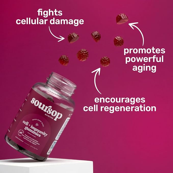 Soursop Gummies | Sugar Free | Cell + Immunity Gummie | with Powerful Antioxidants + Holistic Vitamins | Made from Soursop Leaves | Organic Fiber Gummie for Adults | Berry (2-Pack)