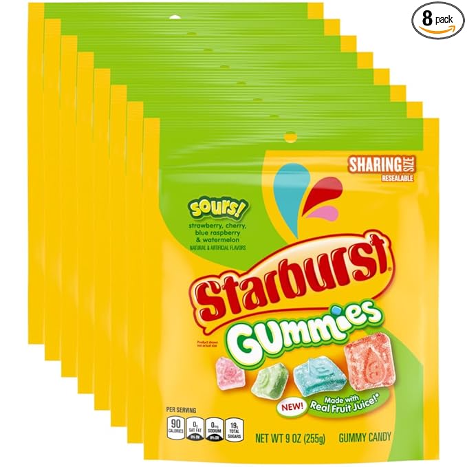 STARBURST Gummies Sours Gummy Candy, Sharing Size, 9 oz Bag (Pack of 8)