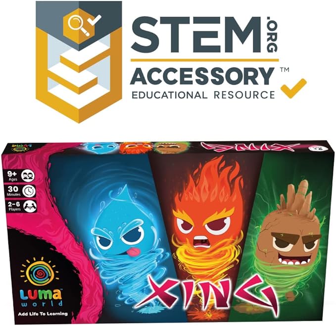 LUMA WORLD ADD LIFE TO LEARNING Educational Board Game Xing for 9 Years to Learn Factors, Multiplication, Mental Maths & Problem Solving, Elements Theme with Action Spinners & Tokens, 2 to 4 Players