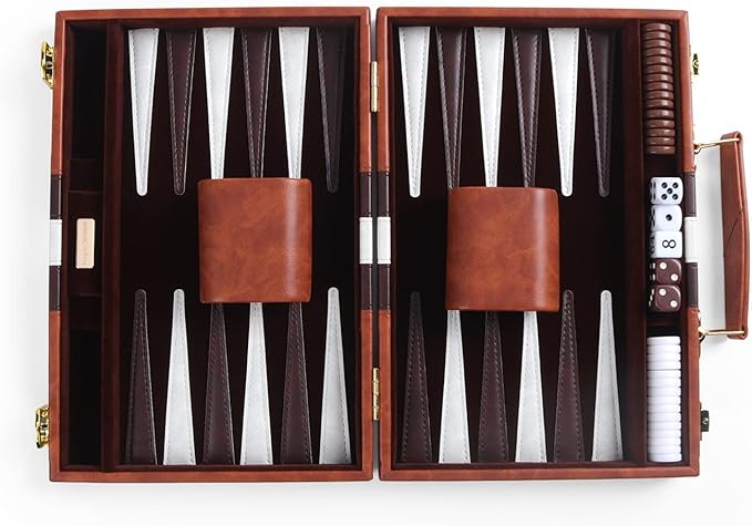 Travel Small 11 Inch Backgammon Set Classic Board Game with Leather Make Board Gift Package, Portable Strategy Game Set for Adults, Kids (Brown, Small)