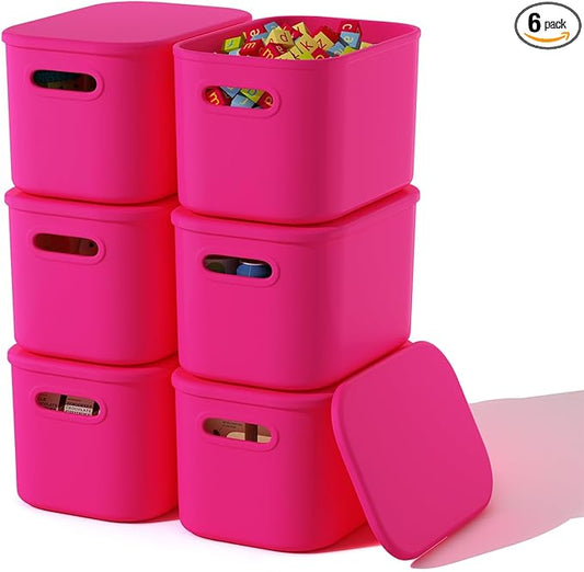 6 Pack Pink Storage Bins with Lids Stackable Storage Container for Organizing, Storage Boxes with Handle for Shelves, Cute Storage Bin for Craft, Snacks, 9.85x6.9x5.7 inch