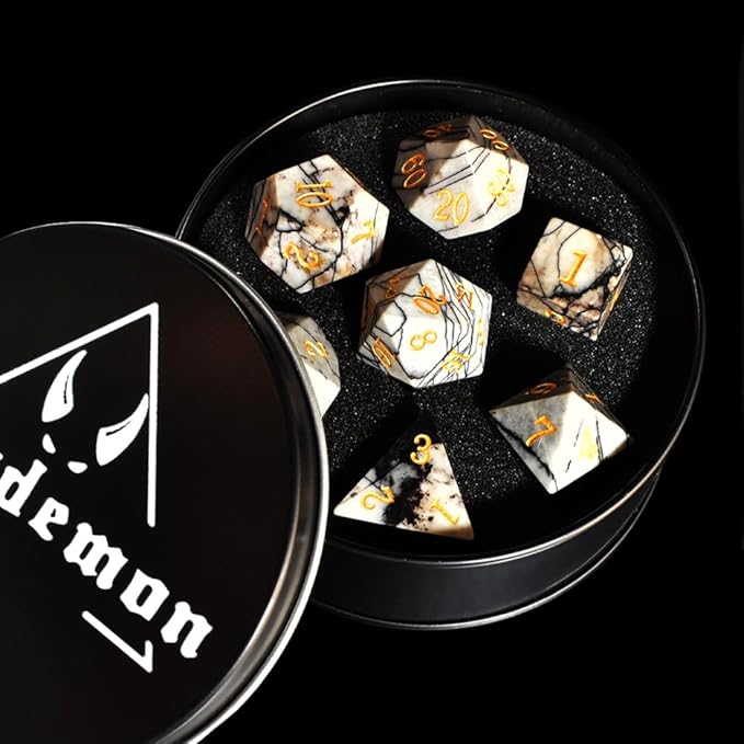 Real Gemstone DND Dice Sets, Handmade Black Network Stone D&D Board Game Dice,RPG Dice Set