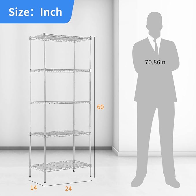 Wire Shelving Unit Metal Shelf Organizer Heavy Duty Wire Rack Storage Unit Rack Utility for Bathroom Office Kitchen (Chrome, 14" D x 24" W x 60" H)