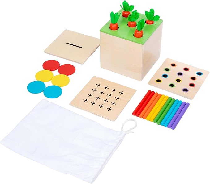4 in 1 Montessori Play Kit Box - Cotton Swab Board, Coin Box, Carrot Harvest Game, Matchstick Color Drop Game Montessori Toys for Babies 6-12 Months, 1 Year, 2 Year