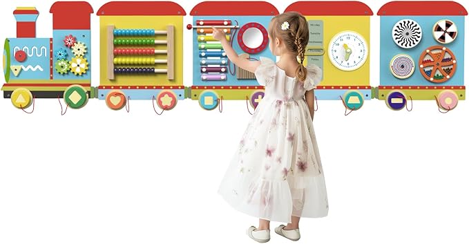 Train Activity Wall Busy Board Panels, Montessori Sensory Toys, Train Sensory Wall Panel for Kids, Wooden Learning Toys, Educational Toy for Toddler Playroom & Children's Daycare