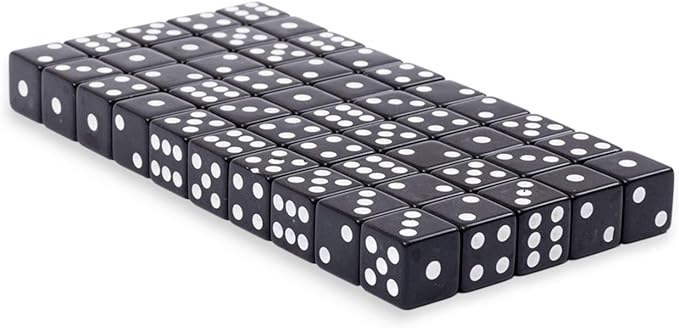 Regal Games 6 Sided Square Dice - Black, 16mm, 50 Piece Set for Family Game Night