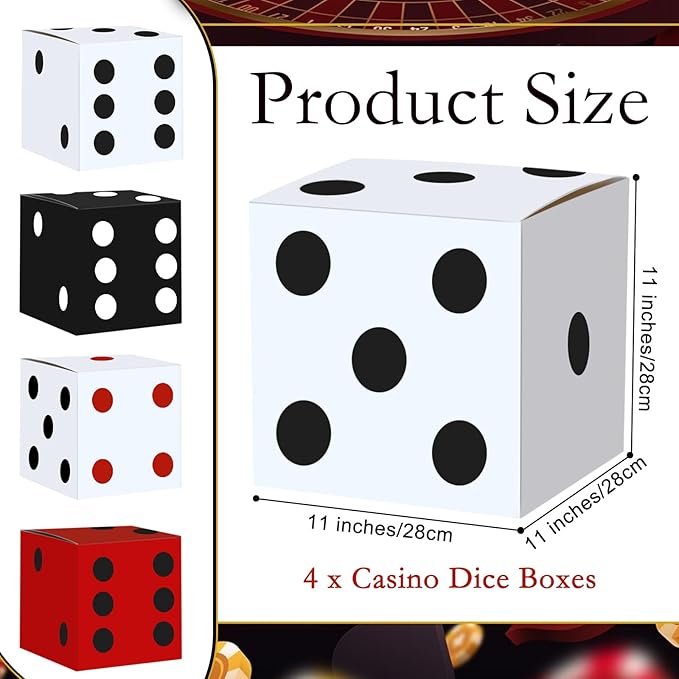 4PCS Large Casino Dice Boxes 11 Inch Casino Theme Party Decoration Jumbo Giant Dice Favor Boxes Bulk for Board Game Night Table Centerpiece Las Vegas Graduation Prom Birthday Party Supply, Multicolor
