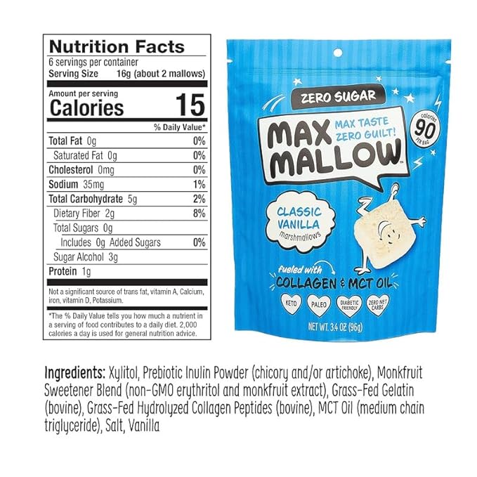 Max Mallow Sugar Free Marshmallows - Keto Friendly, Perfect for S'mores, Hot Chocolate, and Baking with Zero Sugar Snacks, Smores Mct Oil Zero Sugar Marshmellow Marshmallow Classic Vanilla, 3 Pack