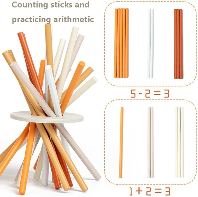 Montessori Toys for 3 Years Old - Wooden Tower Sticks Game, 3-in-1 Ball Drop and Pick-up Sticks Game with Dice - Balance Toy for Patience Training