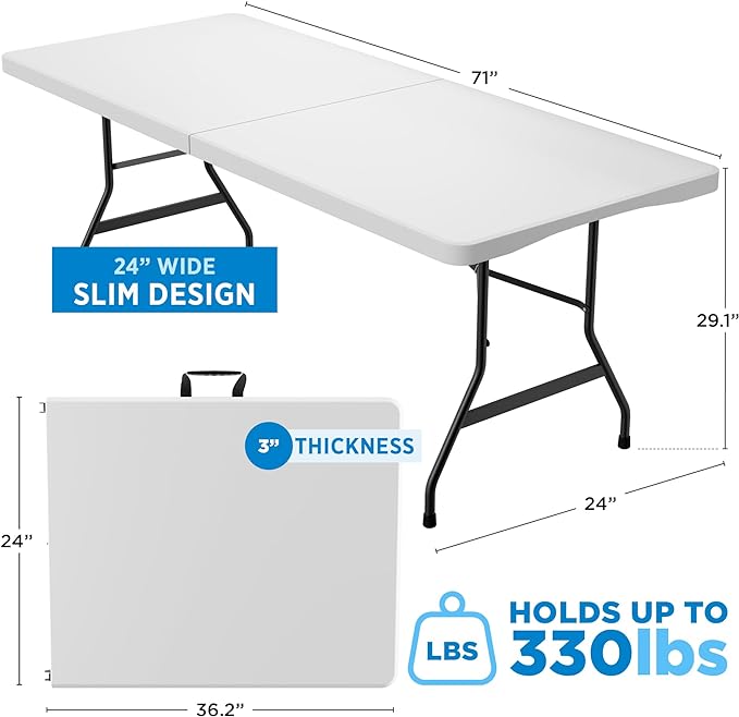 Sorfey Narrow Folding Table 6 Foot X 24-inch, White Plastic