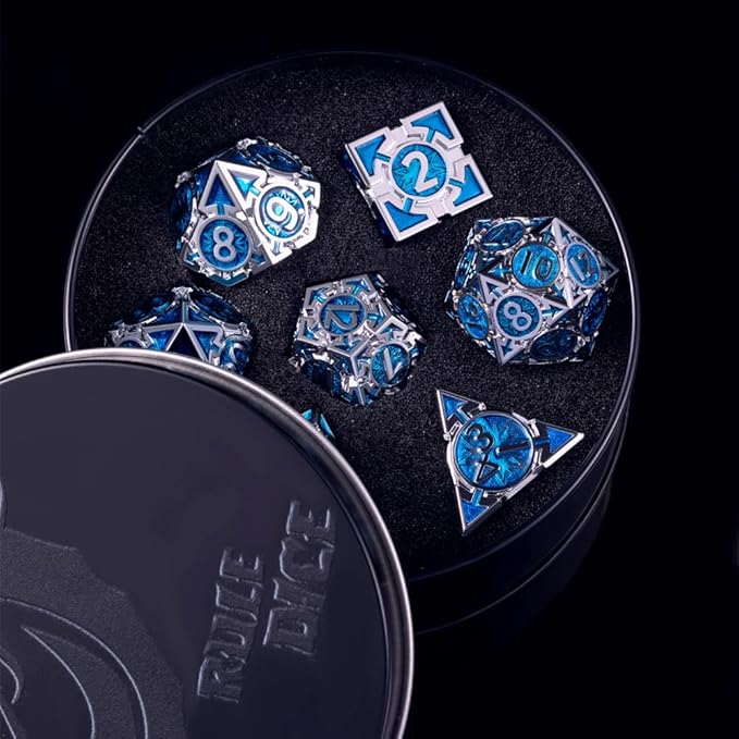 Rare Chrome-Plated DND Dice Set, Metal D&D Dice Sets Made of Durable Zinc Alloy,Dungeons and Dragons Dice with Gift Box, D and D Dice Set (Blue)