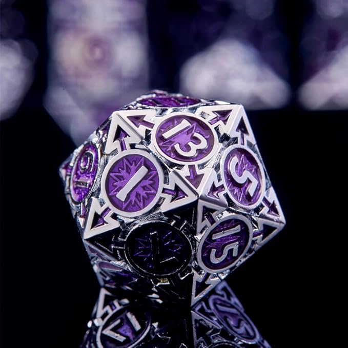Metal DND Dice Set - High Artistic Making Dungeons and Dragons Dice, Large Weighted Metallic D&D Dice Sets - Polyhedral Role Playing Dice for MTG RPG, Silver Purple D and D Dice with DND Gift Box