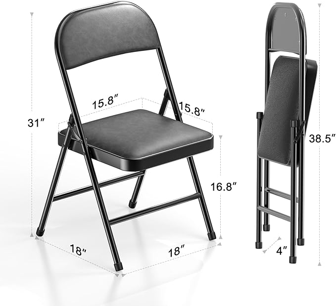 Nazhura 4 Pack Folding Chairs with Padded Cushion and Back, Khaki Metal Chairs with Comfortable Cushion and Durable Steel Frame for Home and Office, for Indoor and Outdoor Events (Black, 4 Pack)