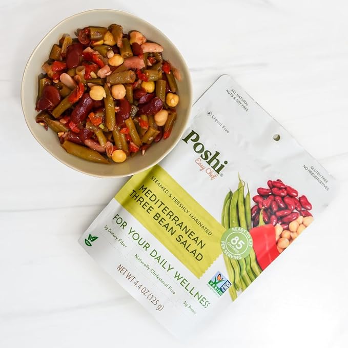 POSHI Mediterranean Three Bean Salad Natural, Keto, Vegan, Non GMO, Low Carb + Calorie, Gluten Free, Ready to Eat, Fully Cooked Vegetables, Pentry Food, Gourmet, Healthy, Travel Food 6 Pack, 4.4 oz