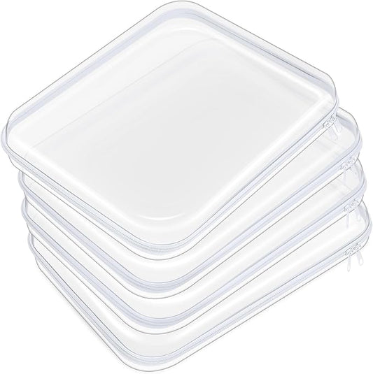 Hoolerry 4 Pcs Hard Clear Zipper Case Transparent Cases for Snacks Makeup Bag Plastic Storage Box Containers for Building Blocks, Puzzles, Cosmetics (White,13.8 x 11.8 x 2 in)