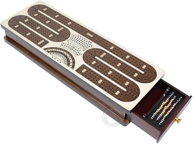 Continuous Cribbage Board/Box Inlaid in Maple/Rosewood : 4 Track - Storage Drawer for Pegs & Playing Cards - Score Marking Fields for Skunks, Corners and Won Games