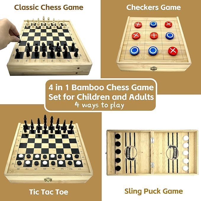4-in-1 Sling Puck Game Set Super Winner Sling Puck Set, Chess, Checkers, Tic Tac Toe Games, Portable Folding Tabletop Chess Board Game for Adults and Kids