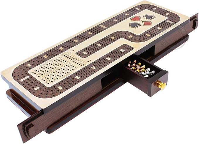 Continuous Cribbage Board/Box Inlaid in Maple/Wenge Wood: 4 Track - Cards and Pegs Storage Drawer with Score Marking Fields for Skunks, Corners and Won Games