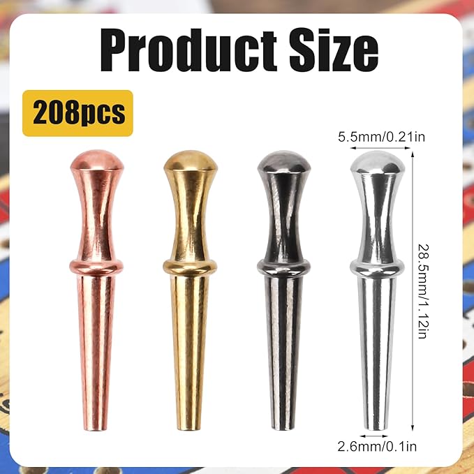208pcs Cribbage Board Pegs, Metal Cribbage Pegs Tapered Design Cribbage Board Pins Fit 1/8 Hole Cribbage Traditional Board Game for Friends and Family, 4 Colors