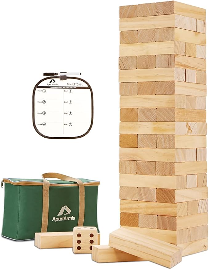 ApudArmis 60 PCS Giant Tumble Tower, (Stack up to 5Ft) Pine Wooden Stacking Timber Game with 1 Dice Set - Classic Block Giant Outdoor Game for Teens Adults Family