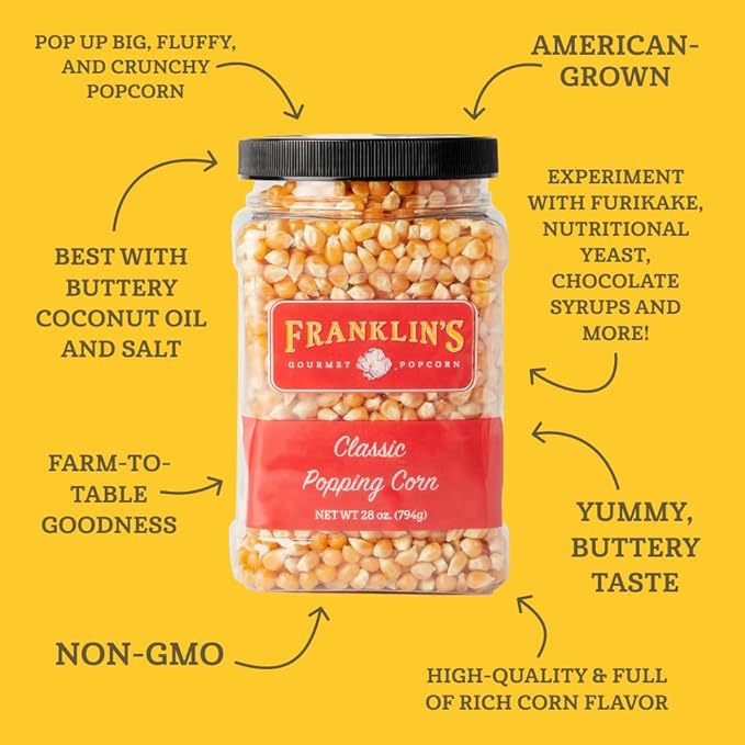 Franklin's Gourmet Popcorn Classic Unpopped Popcorn Kernels, 2 Pack of 28oz. Tub
