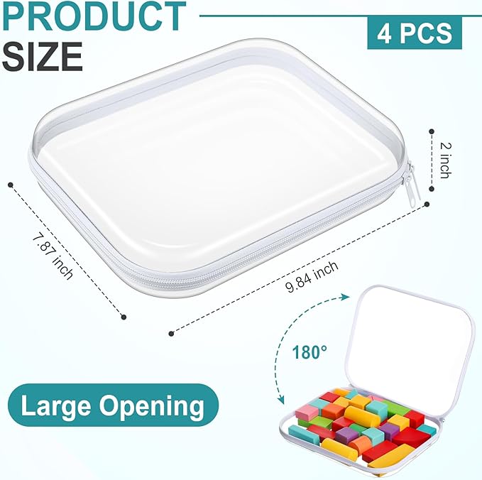 Hoolerry 4 Pcs Hard Clear Zipper Case Transparent Cases for Snacks Makeup Bag Plastic Storage Box Containers for Building Blocks, Puzzles, Cosmetics(White,9.8 x 7.9 x 2 in)