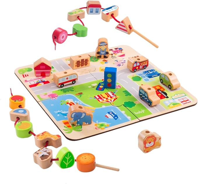 24-Piece Real Wood Bead Threading Puzzle Blocks with Traffic Scenario Game Board - Kids' Educational Toy Set with 2 Stringing Sticks & Cotton Storage Bag(Ages 3-6)