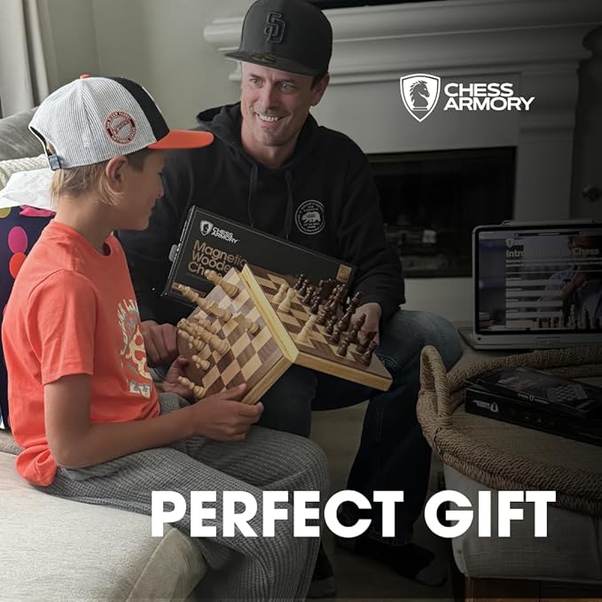 15 Inch Magnetic Wooden Chess Set for Adults & Kids - Folding Travel Chess Board with Handcrafted Staunton Pieces, Extra Queens, and Storage Slots