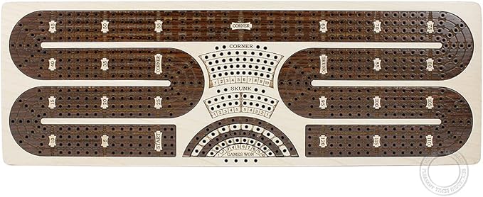 Continuous Cribbage Board/Box Inlaid in Maple/Rosewood : 4 Track - Storage Drawer for Pegs & Playing Cards - Score Marking Fields for Skunks, Corners and Won Games