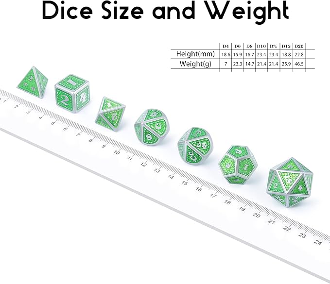 DND Metal Dice Set with Gift Metal Tin DNDND Metallic Dungeons and Dragons Dice Set for D&D Game (Neno Green & Green with Matt Silver Edge)