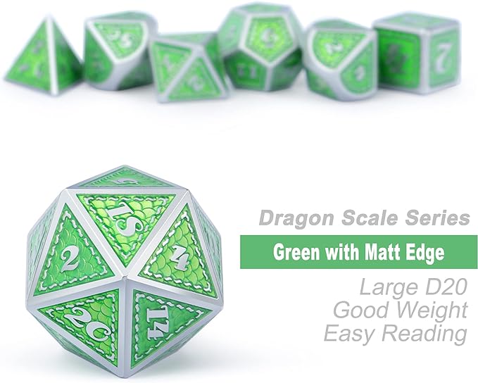 DND Metal Dice Set with Gift Metal Tin DNDND Metallic Dungeons and Dragons Dice Set for D&D Game (Neno Green & Green with Matt Silver Edge)
