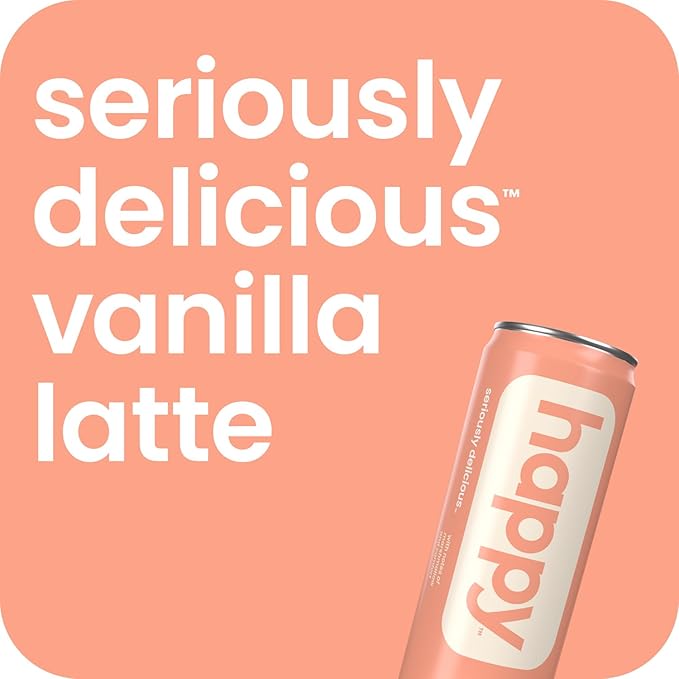 happy coffee canned vanilla latte, 11 oz. cans, 12 pack, notes of marshmallow & comfort, 100% arabica beans, no artificial flavors or sweeteners