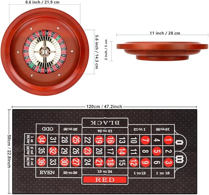 11 inch Solid Roulette Wheel Set with 47.2 x 22.8 Inch Double Sided Table Layout Felt Mat, 100 ABS Chips, and Dealer Button Playing Cards Casino Roulette Game Sets for Adults