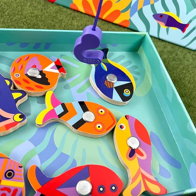 DJECO Fishing Graphic Magnetic Fishing Game - Catch Colorful Sea Creatures - Fun & Engaging for Family & Friends, Perfect for Gift - Wooden Toy for Children 2+ Years Girls & Boys