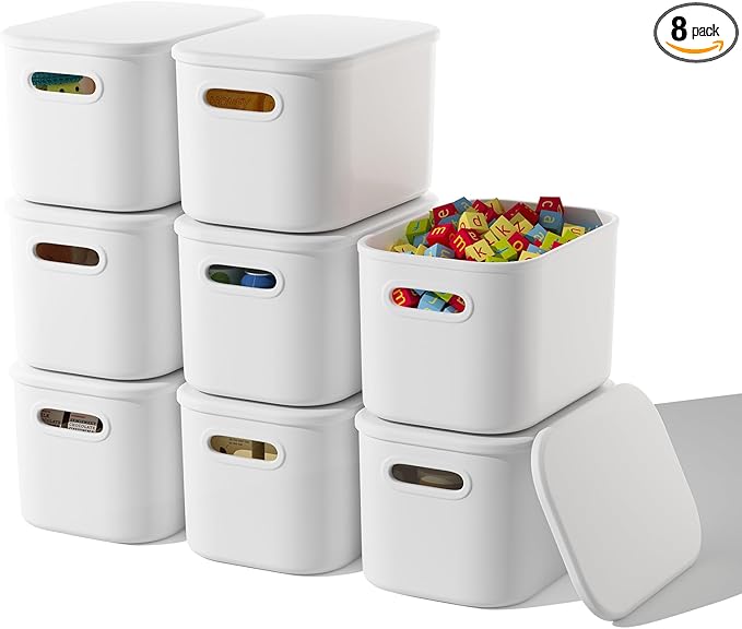 8 Pack White Storage Bins with Lids Stackable Storage Container for Organizing, Storage Boxes with Handle for Shelves, Cute Storage Bin for Craft, Snacks, 9.85x6.9x5.7 inch