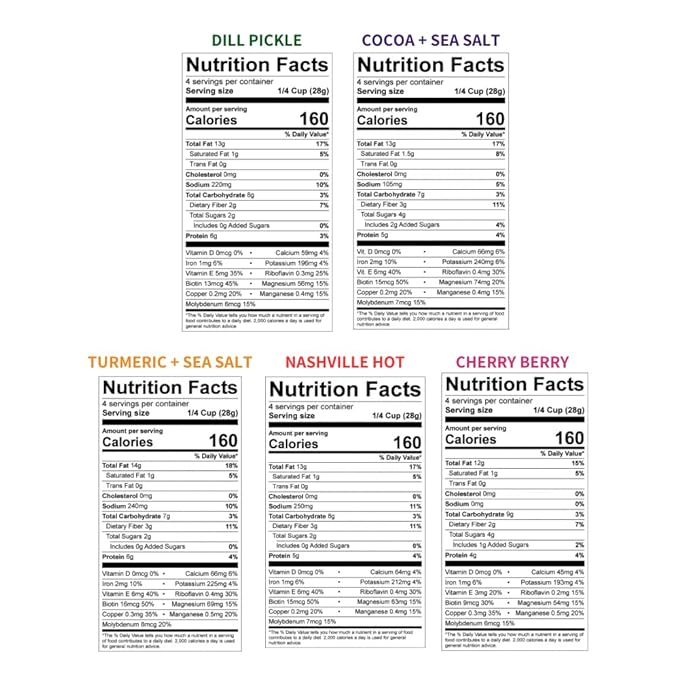 Daily Crunch Sprouted Almonds, 4oz Pantry Resealable Bags (Family Pack, 5 Pack) (Packaging May Vary, Contains: Dill Pickle, Cocoa and Sea Salt, Turmeric and Sea Salt, Nashville Hot,Cherry Berry)