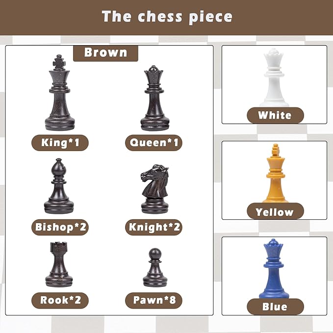 3 or 4 Player Chess Board Game Set,64 Pieces Colorful Chess,Chess Game for Team Chess with a Leather Game Mat