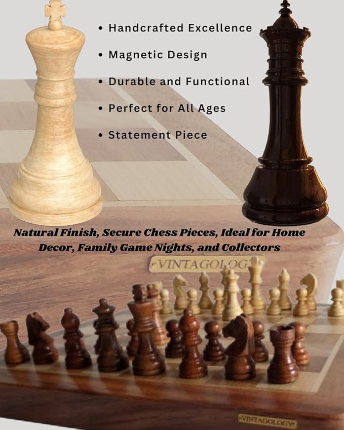 VINTAGOLOGY Acacia Wooden Folding Chess Board - Handcrafted Natural Finish, Ideal for Home Decor, Family Game Nights, Travel, and Collectors -12 inch