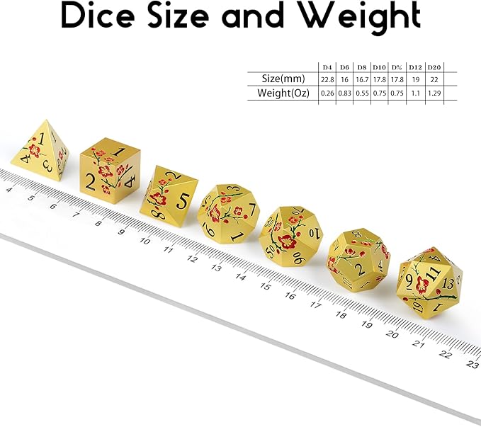DNDND Flowers Metal Dice, 7 PCS Metallic DND Dice with Gorgeous Gift Case for D&D Dungeons and Dragon Tabletop Game (Red Flowers with Gold)
