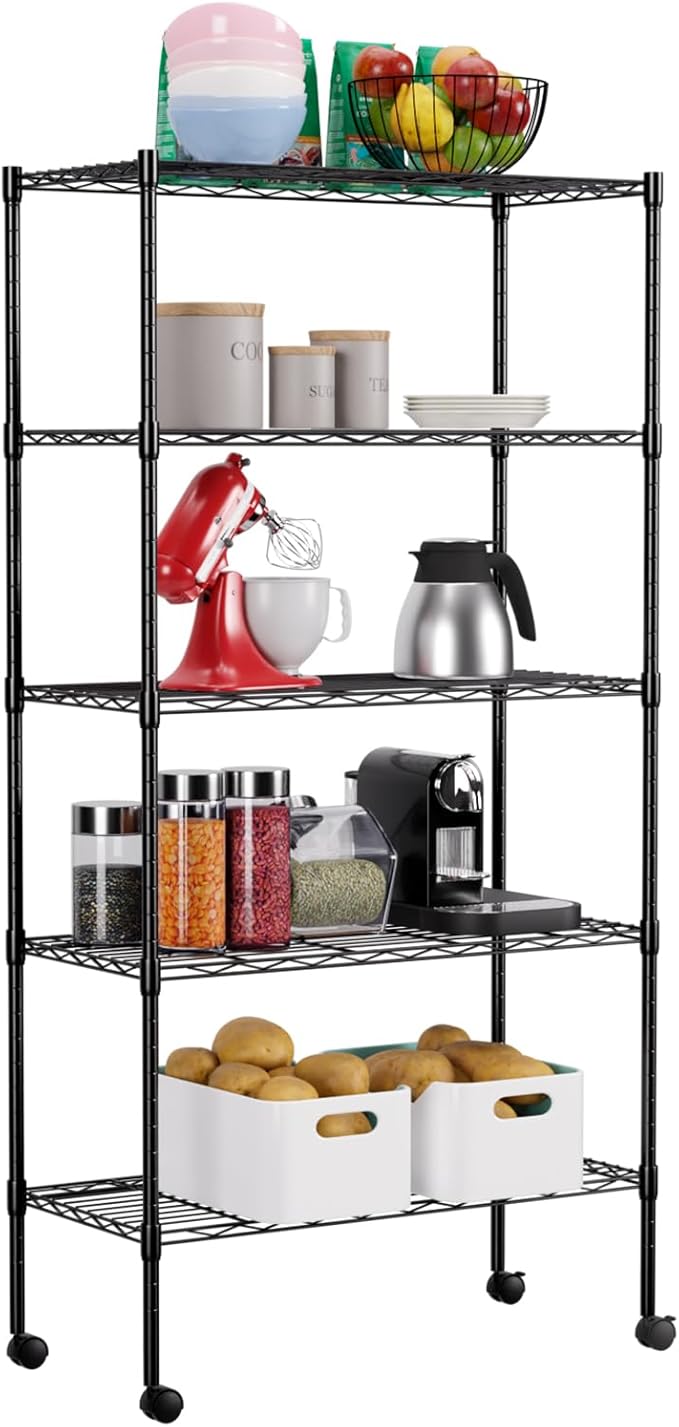 FDW Adjustable Storage Shelves 5-Tier Wire Shelving Unit Heavy Duty Metal Shelves with Wheels 14”Dx30”Wx61”H Storage Shelf Rack for Home Kitchen Commercial, Black
