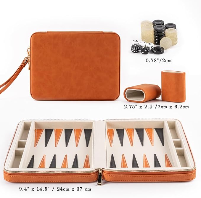 Backgammon Sets for Adults, Classic Board Game with Folding Leather Backgammon Case, Portable Travel Backgammon Game Set (Orange)