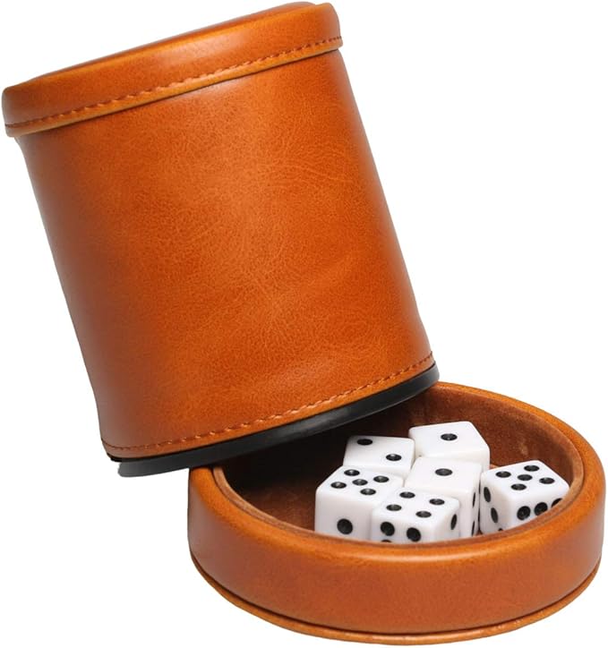 Leatherette Dice Cup with Lid includes 6 Dices, Velvet Interior Quiet in shaking for Liars Dice Farkle Yahtzee Board Games, Brown