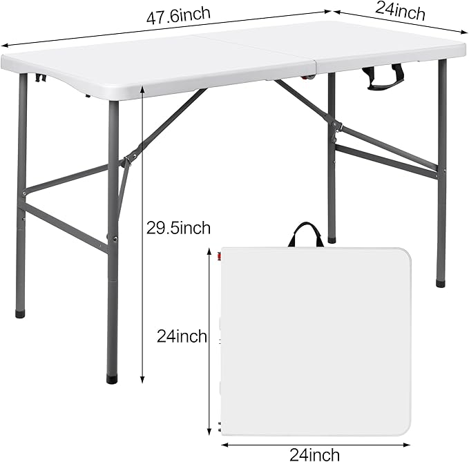4 ft Plastic Folding Table with Carrying Handle, Straight Legs for Camping, Wedding, Kitchen, Beach - White
