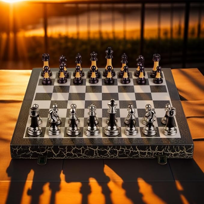 Chess Set 16" Wooden Foldable Black White Chess Board 3.5" Luxury Weighted Acrylic Chess Pieces with Storage Slots for Adults Children Gift Large