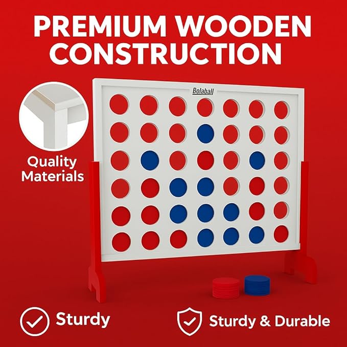 Bolaball Giant Wooden 4-in-a-Row Game – 4FT Jumbo Connect Game for Kids & Adults, Indoor & Outdoor Fun, Durable Design for Family Gatherings, BBQs, Parties & More