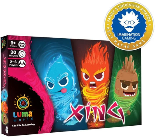 LUMA WORLD ADD LIFE TO LEARNING Educational Board Game Xing for 9 Years to Learn Factors, Multiplication, Mental Maths & Problem Solving, Elements Theme with Action Spinners & Tokens, 2 to 4 Players