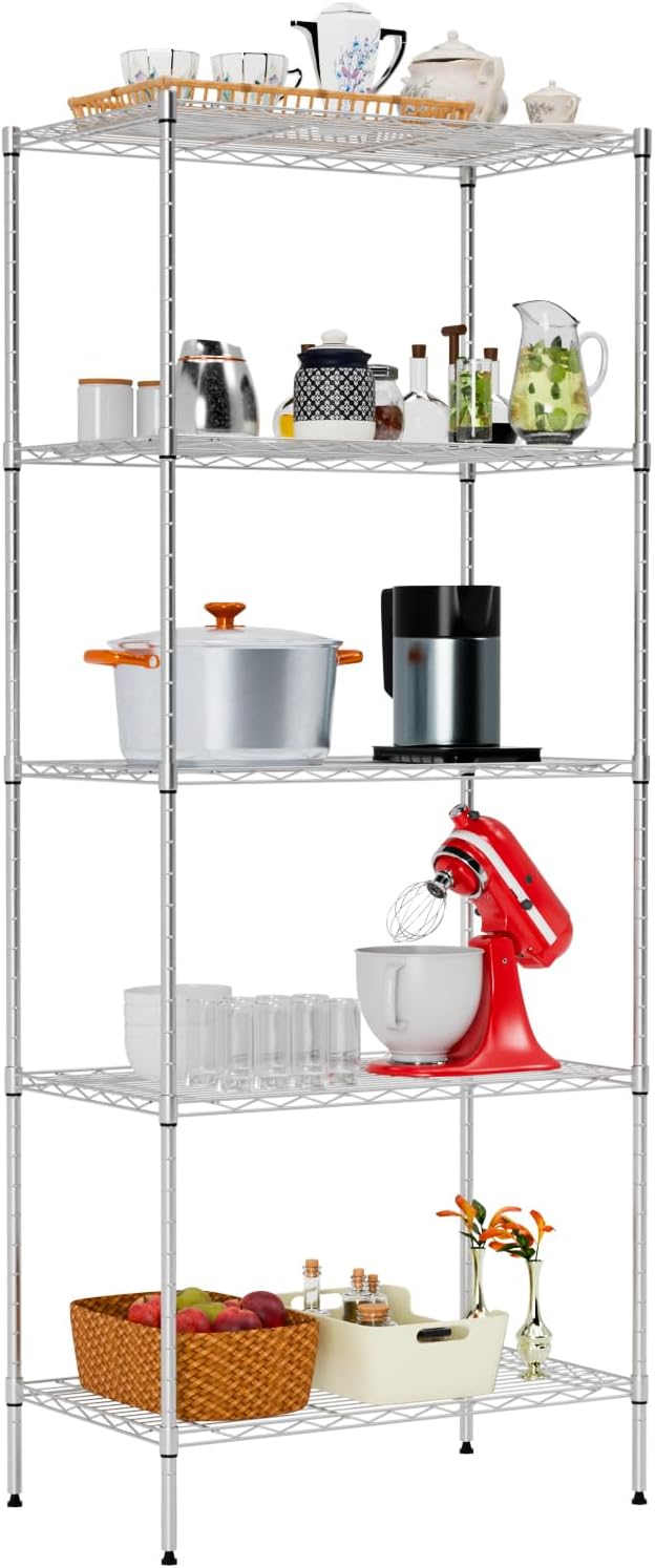 Large Wire Shelving Unit 5-Tier Metal Storage Shelves Heavy Duty Garage Shelving Adjustable Storage Shelf Rack with Leveling Feet for Home Kitchen Garage, 14" Dx23.8 Wx60 H, Chrome